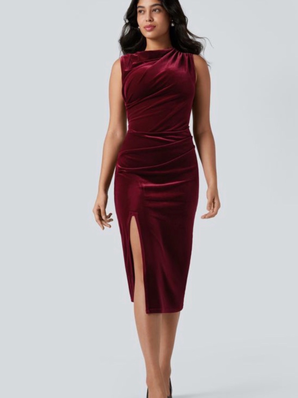HALARA stunning Velvet Midi Dress with Front Slit - sangria. Never worn
